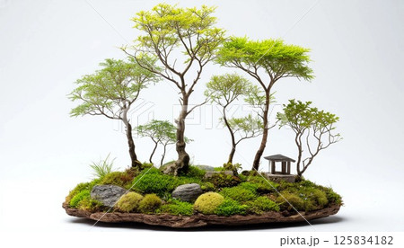 Miniature landscape with delicate trees, moss-covered rocks, and a small pavilion, all arranged artistically on a flat surface. The scene captures the essence of tranquility Miniature landscape with delicate trees, moss-covered rocks, and a small pavilion, all arranged artistically on a flat surface. The scene captures the essence of tranquility 125834182