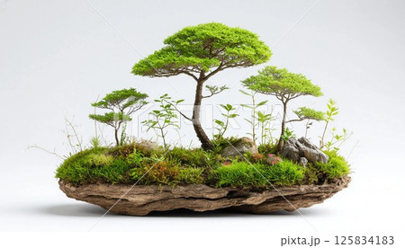 A miniature landscape features an arrangement of small trees resembling a forest on a slice of driftwood, surrounded by moss and delicate plants. Organic, artistic composition showcasing nature A miniature landscape features an arrangement of small trees resembling a forest on a slice of driftwood, surrounded by moss and delicate plants. Organic, artistic composition showcasing nature 125834183