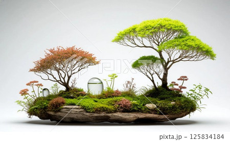 Miniature landscape features two trees with varied foliage, small plants, moss, and tiny glass domes on a piece of driftwood. The intricate arrangement evokes serenity and nature 125834184