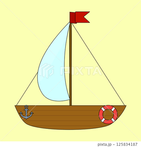 Summer illustration of sailboat with red flag, anchor and life preserver on yellow background. A floating wooden vessel for navigation and regatta. For summertime, nautical, maritime, and sea design. Summer illustration of sailboat with red flag, anchor and life preserver on yellow background. A floating wooden vessel for navigation and regatta. For summertime, nautical, maritime, and sea design. 125834187