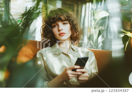 Thoughtful young woman with smartphone in relaxing indoor greenery setting 125834387