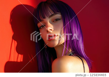 Vibrant portrait of woman with sleek hair against bold red background 125834403