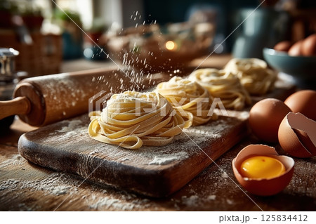 Fresh Tagliatelle Nests Rest on Board, Surrounded by Flour and Eggshells 125834412