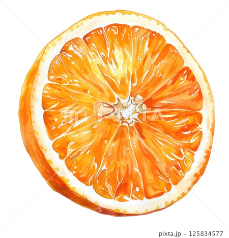 An enticing watercolor slice of orange, adorned with paint splatters 125834577