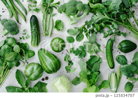 Fresh Green Vegetables Assortment on White Background 125834707