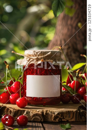 Homemade Cherry Jam in Glass Jar with Blank Label in Rustic Setting Homemade Cherry Jam in Glass Jar with Blank Label in Rustic Setting 125834719