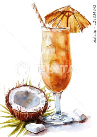 Tropical Coconut Cocktail with Splashes and Umbrella in Watercolor Style Tropical Coconut Cocktail with Splashes and Umbrella in Watercolor Style 125834842