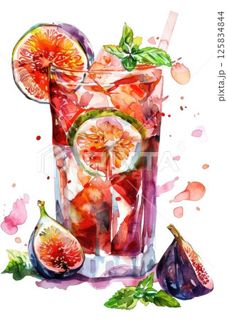 Refreshing Fig and Mint Iced Tea Watercolor Illustration 125834844