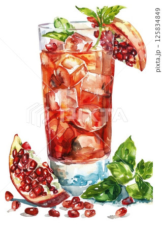 A watercolor artwork of iced tea garnished with pomegranate 125834849