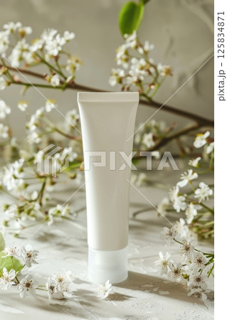 Elegant Cosmetic Tube on Minimalist Pedestal with Natural Elements Elegant Cosmetic Tube on Minimalist Pedestal with Natural Elements 125834871