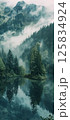 Misty Forest Reflection in Serene Mountain Lake 125834924