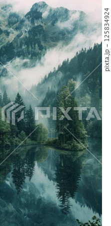 Misty Forest Reflection in Serene Mountain Lake Misty Forest Reflection in Serene Mountain Lake 125834924