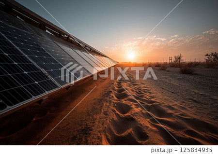 Solar Panels Reflecting Sunrise Across a Vast and Arid Desert Expanse 125834935