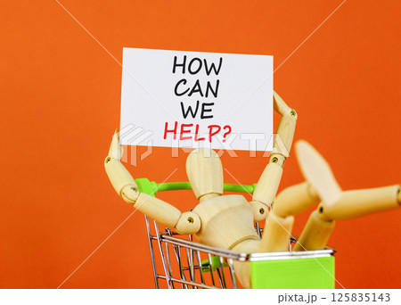 How can we help symbol. Concept words How can we help on beautiful white paper. Beautiful orange background. Businessman model. Business and how can we help concept. Copy space. 125835143