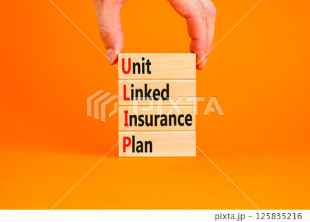 ULIP Unit Linked Insurance Plan symbol. Concept word ULIP Unit Linked Insurance Plan on beautiful blocks. Beautiful orange background. Business ULIP Unit Linked Insurance Plan concept. Copy space. 125835216