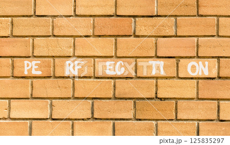 Perfection symbol. Concept word Perfection on beautiful brown bricks. Beautiful brown brick wall background. Business perfection concept. Copy space. Perfection symbol. Concept word Perfection on beautiful brown bricks. Beautiful brown brick wall background. Business perfection concept. Copy space. 125835297
