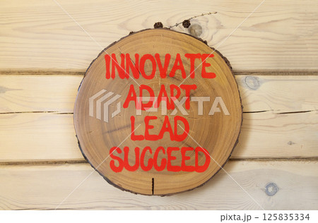Innovate adapt lead succeed symbol. Concept words Innovate Adapt Lead Succeed on beautiful wooden circle. Beautiful wooden wall background. Business innovate adapt lead succeed concept. Copy space. Innovate adapt lead succeed symbol. Concept words Innovate Adapt Lead Succeed on beautiful wooden circle. Beautiful wooden wall background. Business innovate adapt lead succeed concept. Copy space. 125835334