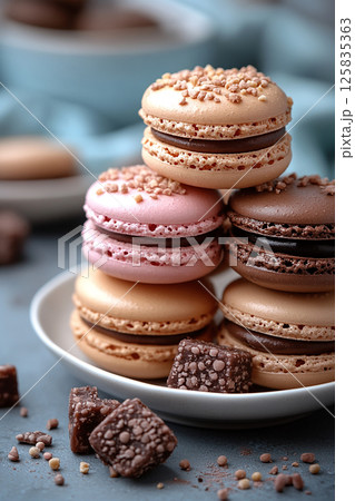 Pastel colored macaron tower with soft lighting. 125835363