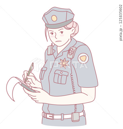 A Female Police Officer is Taking Detailed Notes in a Professional Setting to Document 125835602