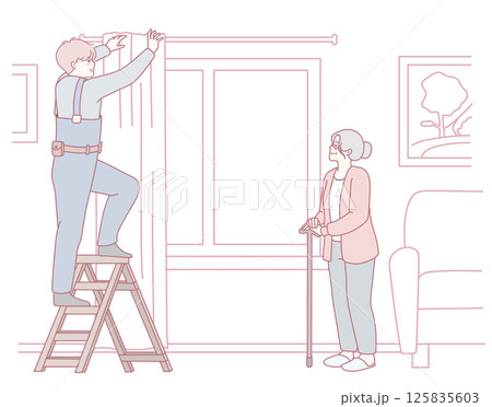 A person is installing beautiful curtains for a senior citizen, enhancing their cozy living room A person is installing beautiful curtains for a senior citizen, enhancing their cozy living room 125835603