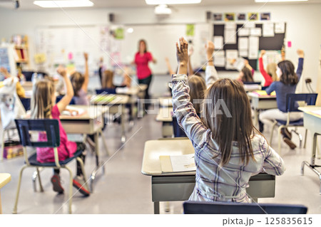 education and school concept little student girl studying at school 125835615
