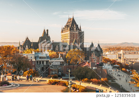 Cityscape or skyline of Chateau Frontenac, Dufferin Terrace and Saint Lawrence river at overlook in old town 125835618