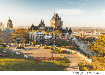 Cityscape or skyline of Chateau Frontenac, Dufferin Terrace and Saint Lawrence river at overlook in old town Cityscape or skyline of Chateau Frontenac, Dufferin Terrace and Saint Lawrence river at overlook in old town 125835619