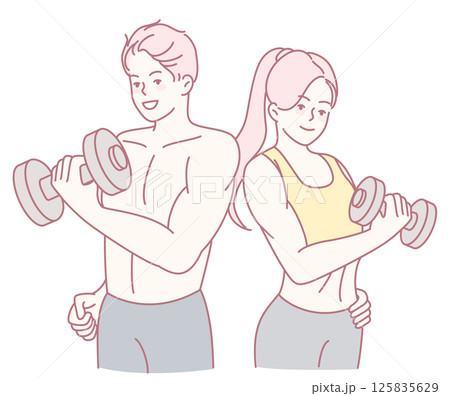 A couple engaging in a workout session together, lifting dumbbells in a gym environment A couple engaging in a workout session together, lifting dumbbells in a gym environment 125835629