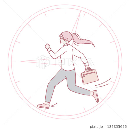 A Woman in a Suit, Late for Work with a Briefcase and Clock, Trying to Arrive on Time A Woman in a Suit, Late for Work with a Briefcase and Clock, Trying to Arrive on Time 125835636