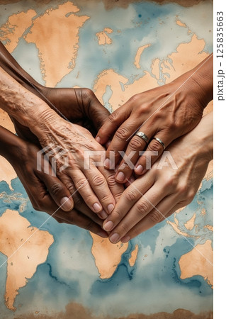 Hands of diverse skin tones arranged in a circle forming a heart shape over a faint world map backdrop symbolizing global unity and cooperation. 125835663