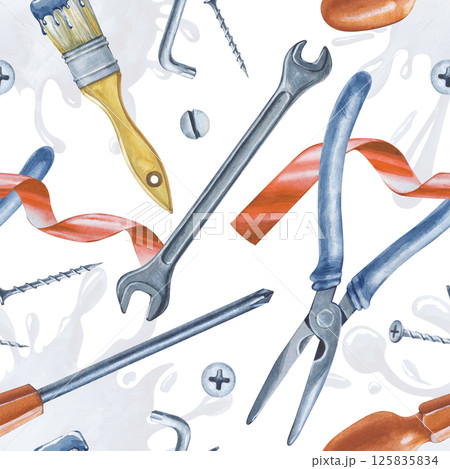 Watercolor illustration on a white background. Seamless pattern with working tools. A pattern with men's home renovation tools. For wallpaper design, packaging 125835834