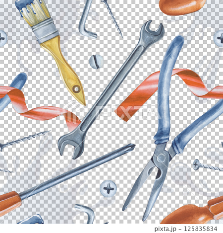 Watercolor illustration on a white background. Seamless pattern with working tools. A pattern with men's home renovation tools. For wallpaper design, packaging 125835834