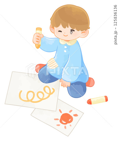 クレヨンで絵を描いて遊ぶ園児　男の子 125836136