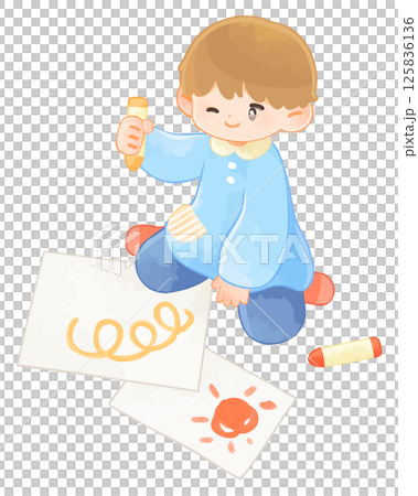 クレヨンで絵を描いて遊ぶ園児　男の子 125836136