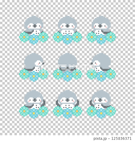 Pixel art of a gray owl with flowers 125836371