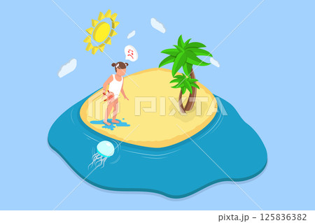 3D Isometric Flat Vector Illustration of Dangers Of The Sea, Child Endures Jellyfish Attack 125836382