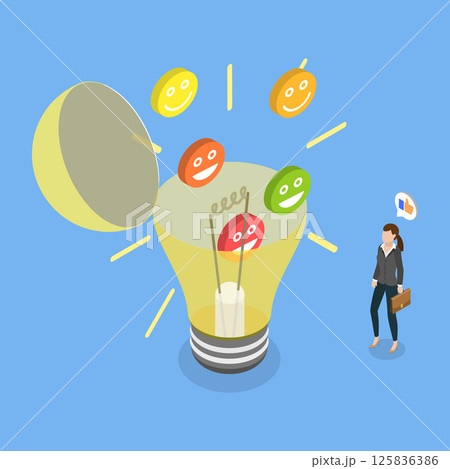 3D Isometric Flat Vector Illustration of Employee Happiness, Reveal Smiling Face Symbol Inside Open Lightbulb 125836386