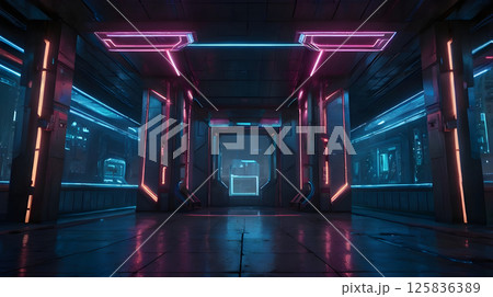 glowing doorway symbolism on a futuristic city rooftop with neon glow, cyberpunk vibe in sci-fi tech mood 125836389