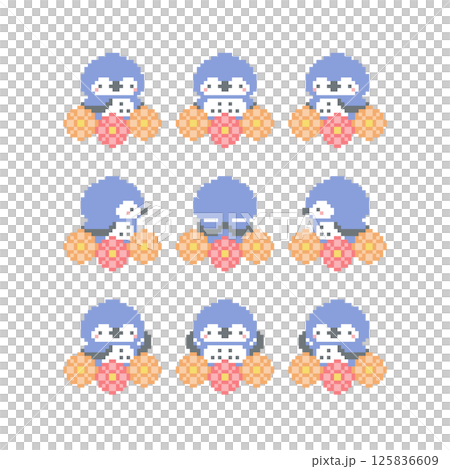 花朵和藍色貓頭鷹的像素藝術 花朵和藍色貓頭鷹的像素藝術 125836609