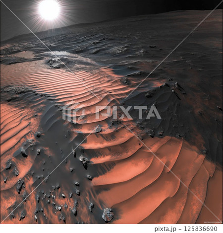 Sun shining over red dunes and rocks on Mars surface Sun shining over red dunes and rocks on Mars surface 125836690