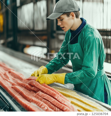 Fish factory worker processing salmon fillets on conveyor belt 125836704