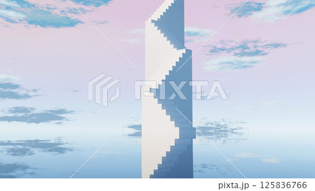 3D render, Futuristic surreal infinite staircase reflected to pastel sky and ocean background 125836766