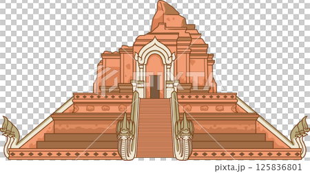 Illustration of Wat Chedi Luang, an ancient pagoda in Chiang Mai, Thailand. 125836801