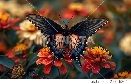A stunning black and orange butterfly perched delicately on vibrant flowers. Generate AI 125836864