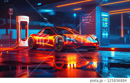 An electric car charging at a modern station with neon ambiance at twilight. Generate AI An electric car charging at a modern station with neon ambiance at twilight. Generate AI 125836884