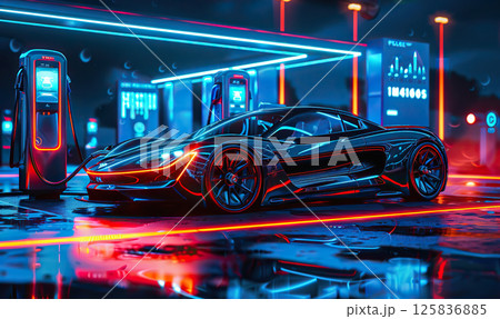 An electric car charging at a modern station with neon ambiance at twilight. Generate AI An electric car charging at a modern station with neon ambiance at twilight. Generate AI 125836885
