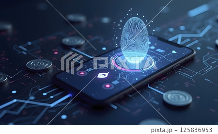 Abstract background with digital coins, fingerprint scanner, mobile banking UI elements, futuristic fintech security feel 125836953