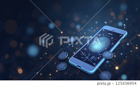 Abstract background with digital coins, fingerprint scanner, mobile banking UI elements, futuristic fintech security feel 125836954