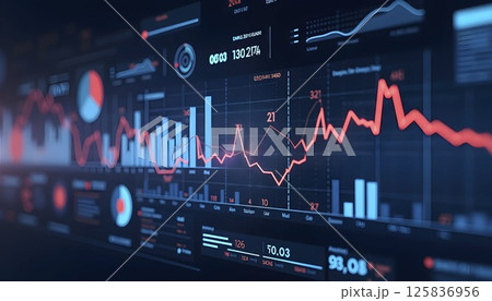 Abstract data dashboard background with bar charts, pie graphs, line trends, and glowing HUD interface, futuristic business intelligence feel 125836956