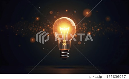 Abstract glowing lightbulb with digital particles on dark background, symbolizing innovation, ideas, creativity in modern business and startups 125836957